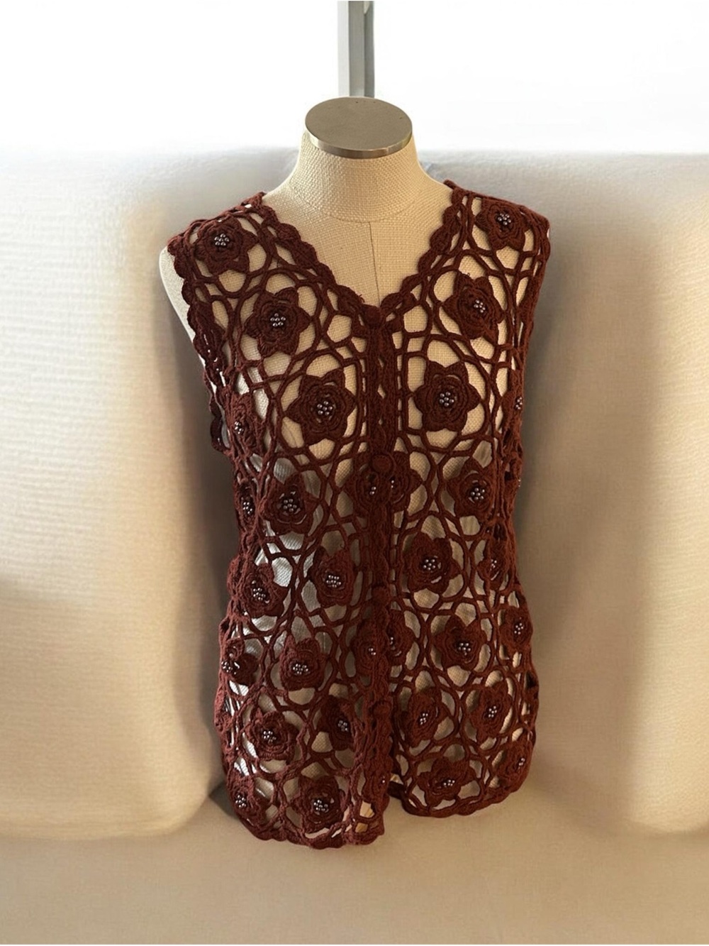 Reference Point Crochet Vest M L Rust Brown Beaded Floral Boho Festival 90s